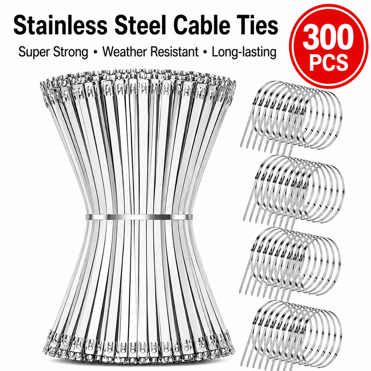 +300 PCS 304 Stainless Zip Ties (4.6×300mm)