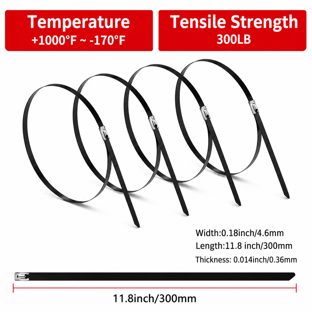 +1000 PCS 304 Stainless Zip Ties (4.6×300mm)
